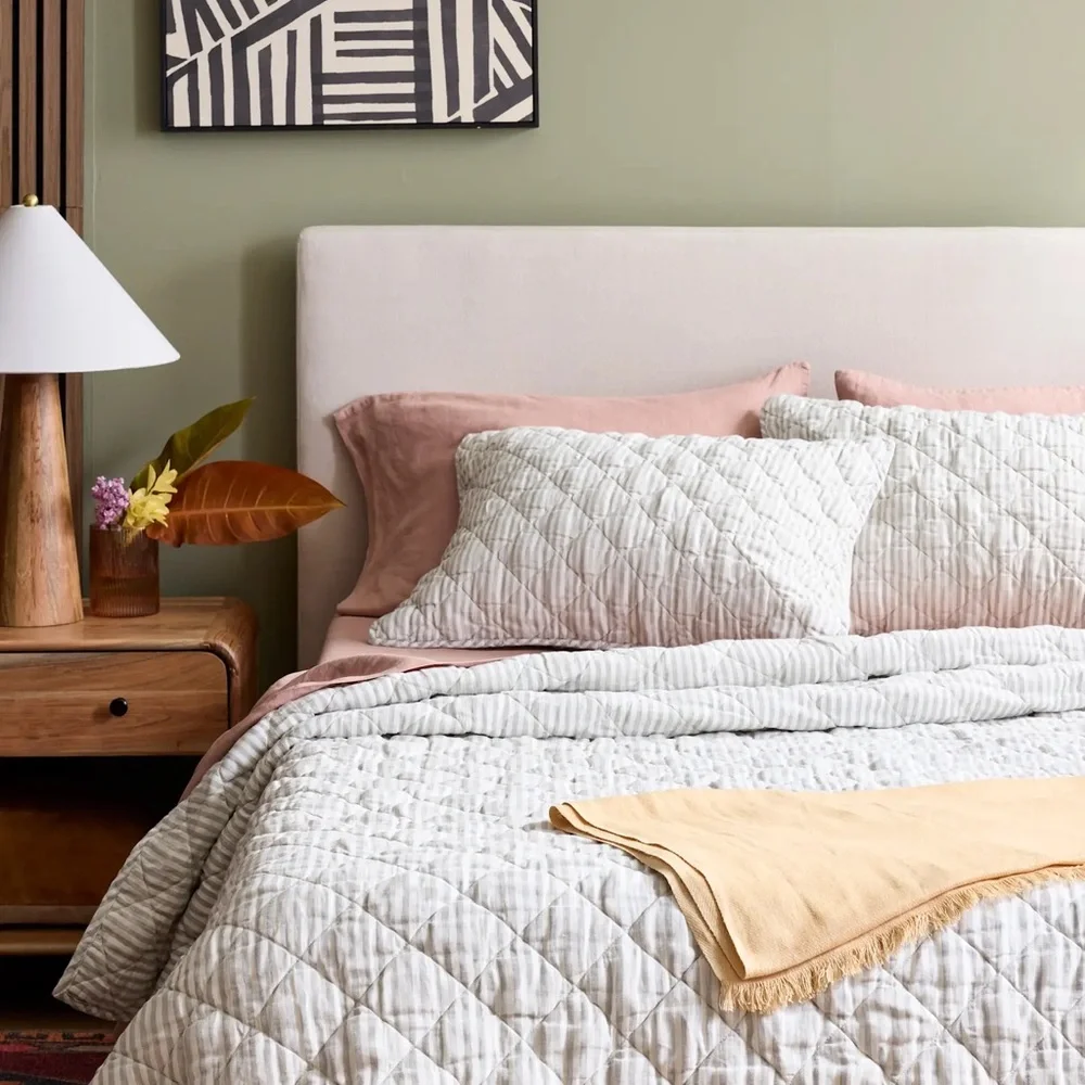 NWT Quince European Linen Stripe Quilted King Shams in Mist White Stripe